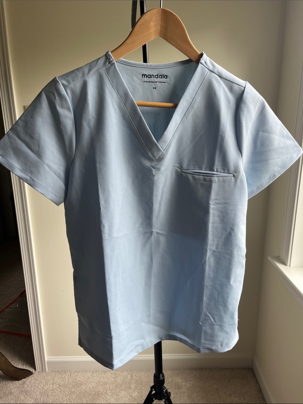Mandala Light Blue V-Neck Short Sleeve Top with Chest Pocket